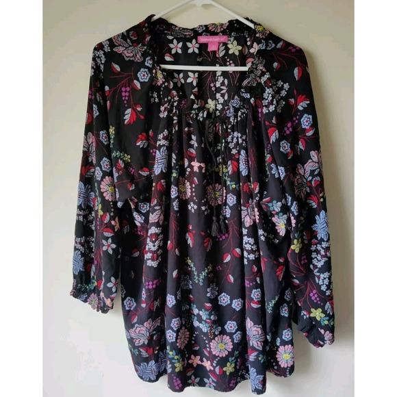 Woman Within Black Floral Plus 22/24 Casual or Dress Soft Rayon Keyhole Tassels‎ - Picture 1 of 5